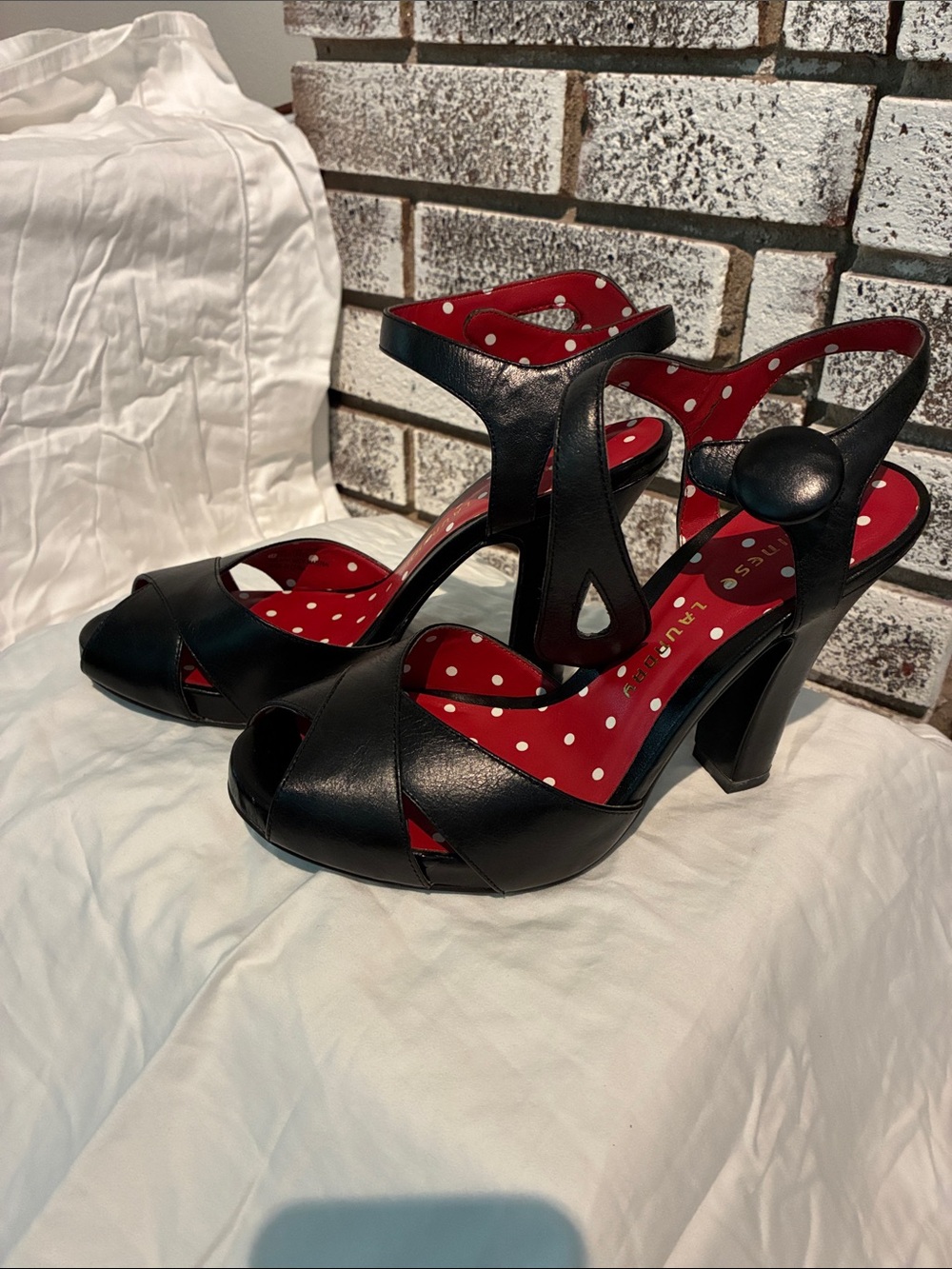 Chinese Laundry Black Leather Peep-Toe Heels with Red Polka-Dot Lining